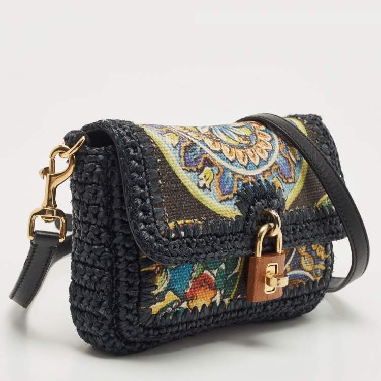 Pre Owned Dolce & Gabbana Navy Blue/Multicolor Printed Canvas and Straw Padlock Shoulder Bag