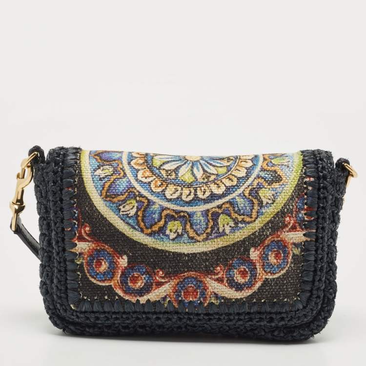 Pre Owned Dolce & Gabbana Navy Blue/Multicolor Printed Canvas and Straw Padlock Shoulder Bag