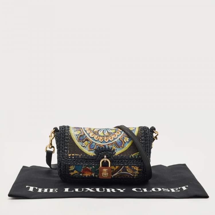 Pre Owned Dolce & Gabbana Navy Blue/Multicolor Printed Canvas and Straw Padlock Shoulder Bag