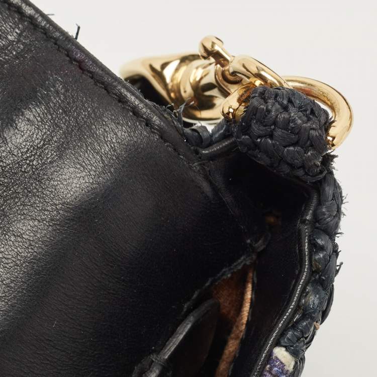 Pre Owned Dolce & Gabbana Navy Blue/Multicolor Printed Canvas and Straw Padlock Shoulder Bag