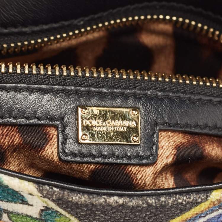 Pre Owned Dolce & Gabbana Navy Blue/Multicolor Printed Canvas and Straw Padlock Shoulder Bag