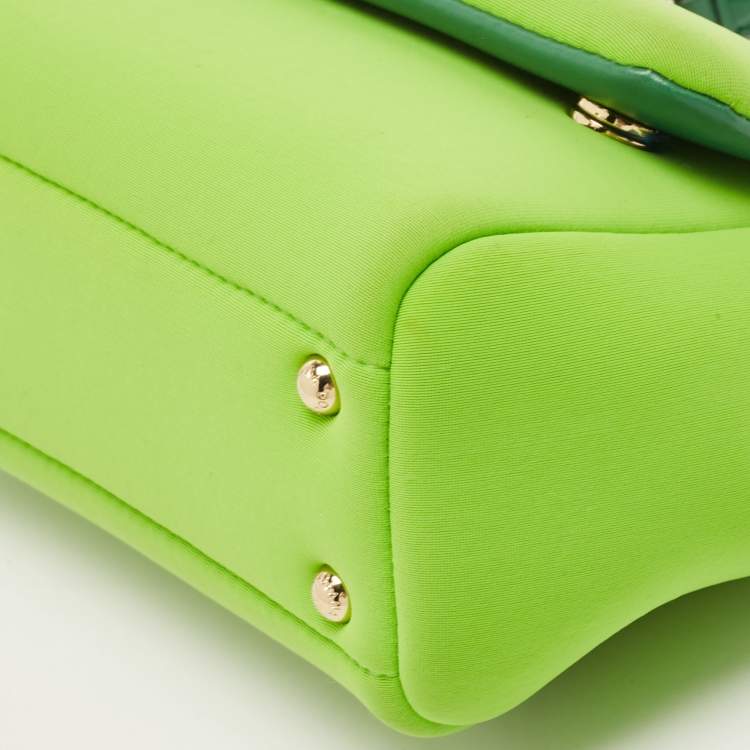 Pre Owned Dolce & Gabbana Neon Green Neoprene and Leather Small Miss Sicily Top Handle Bag