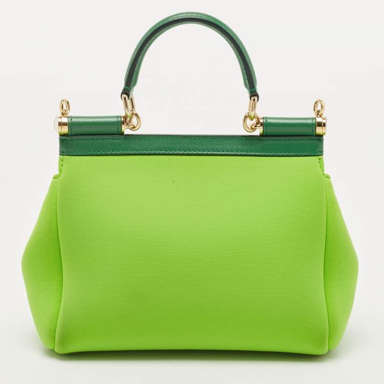 Pre Owned Dolce & Gabbana Neon Green Neoprene and Leather Small Miss Sicily Top Handle Bag