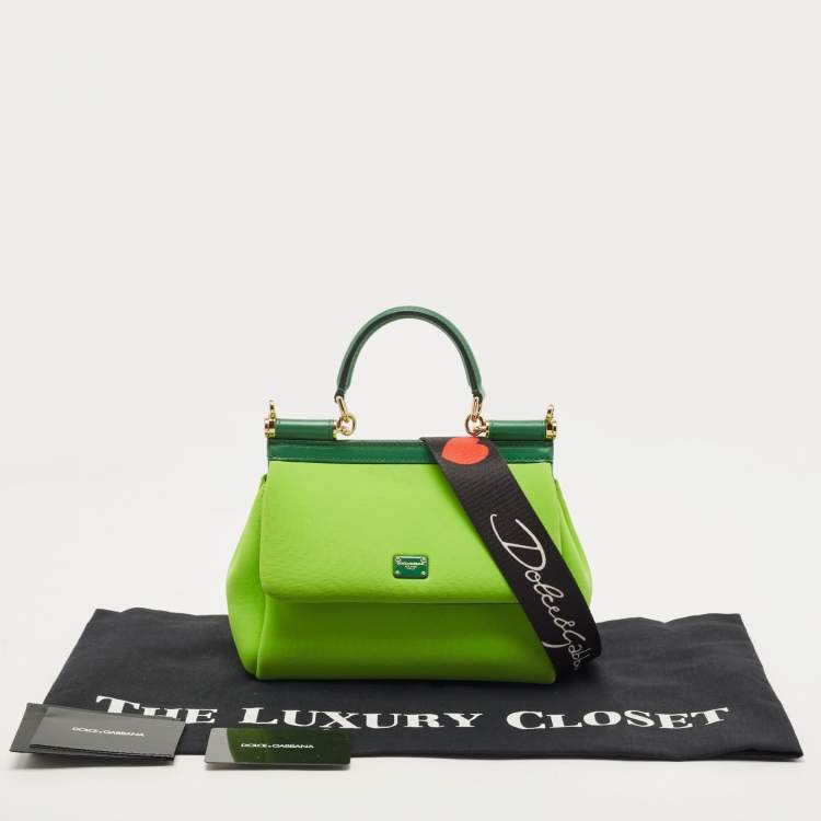Pre Owned Dolce & Gabbana Neon Green Neoprene and Leather Small Miss Sicily Top Handle Bag