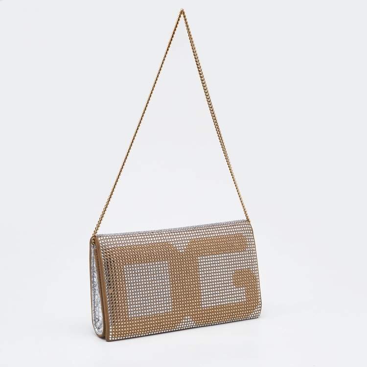 Pre Owned Dolce & Gabbana Gold/Silver Crystal Embellished and Watersnake Leather DG Chain Clutch