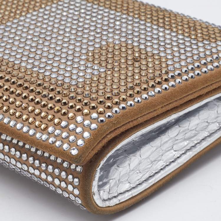 Pre Owned Dolce & Gabbana Gold/Silver Crystal Embellished and Watersnake Leather DG Chain Clutch