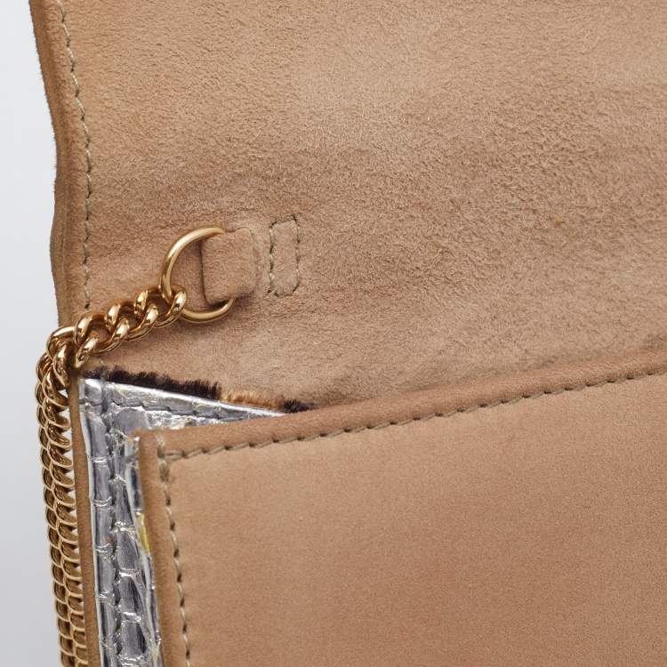 Pre Owned Dolce & Gabbana Gold/Silver Crystal Embellished and Watersnake Leather DG Chain Clutch