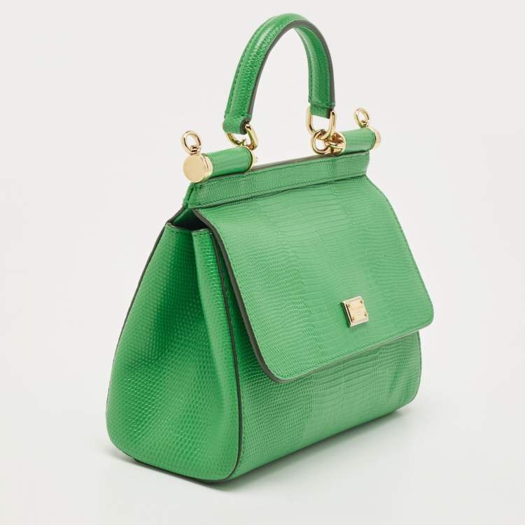 Pre Owned Dolce & Gabbana Green Lizard Embossed Leather Small Miss Sicily Top Handle Bag