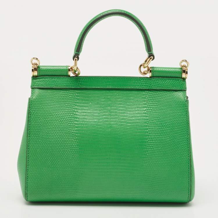 Pre Owned Dolce & Gabbana Green Lizard Embossed Leather Small Miss Sicily Top Handle Bag