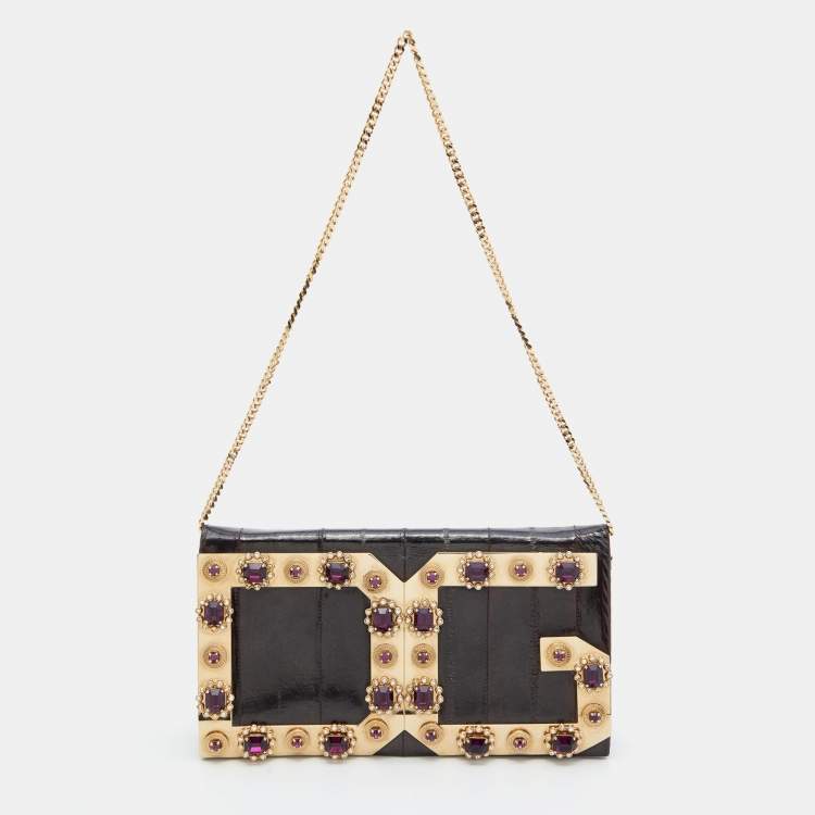 Dolce & Gabbana Brown Eel Leather DG Crystal Embellished Chain Clutch ...