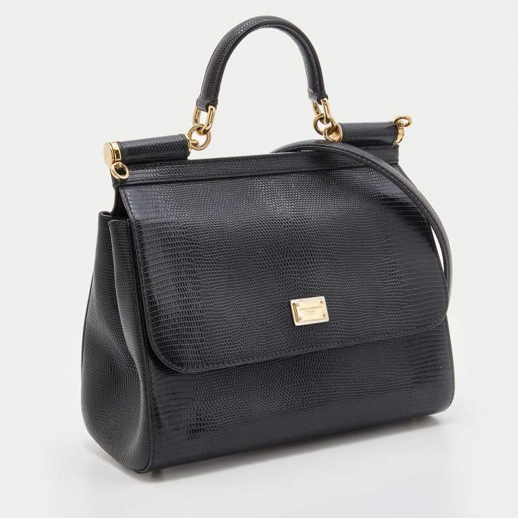 Pre Owned Dolce & Gabbana Black Lizard Embossed Leather Medium Miss Sicily Top Handle Bag with Wallet