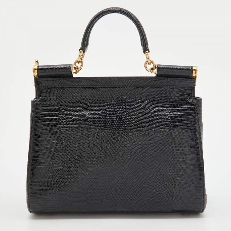 Pre Owned Dolce & Gabbana Black Lizard Embossed Leather Medium Miss Sicily Top Handle Bag with Wallet