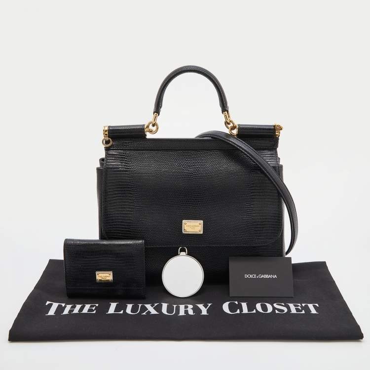 Pre Owned Dolce & Gabbana Black Lizard Embossed Leather Medium Miss Sicily Top Handle Bag with Wallet
