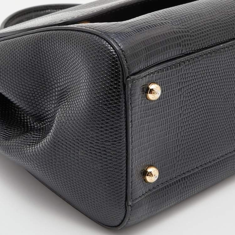 Pre Owned Dolce & Gabbana Black Lizard Embossed Leather Medium Miss Sicily Top Handle Bag with Wallet