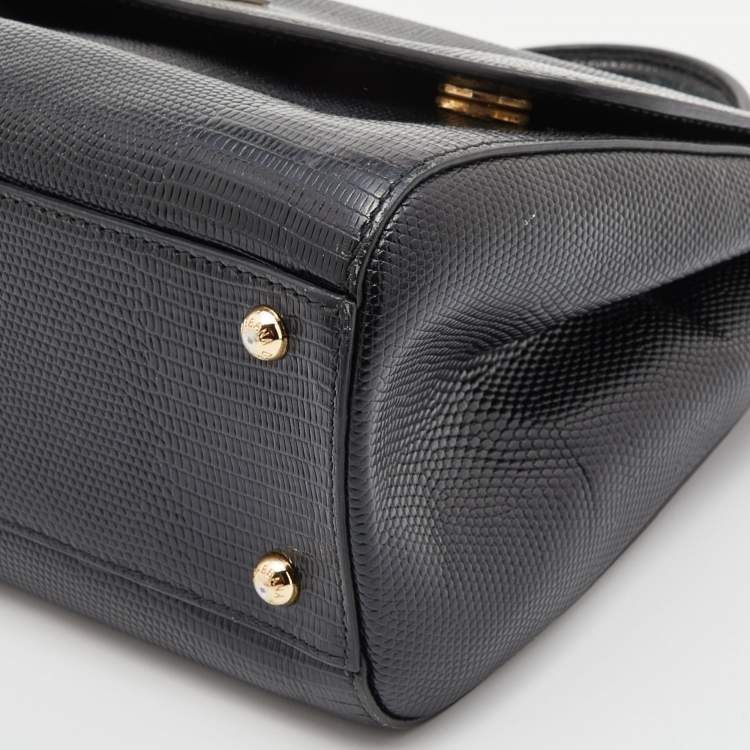Pre Owned Dolce & Gabbana Black Lizard Embossed Leather Medium Miss Sicily Top Handle Bag with Wallet