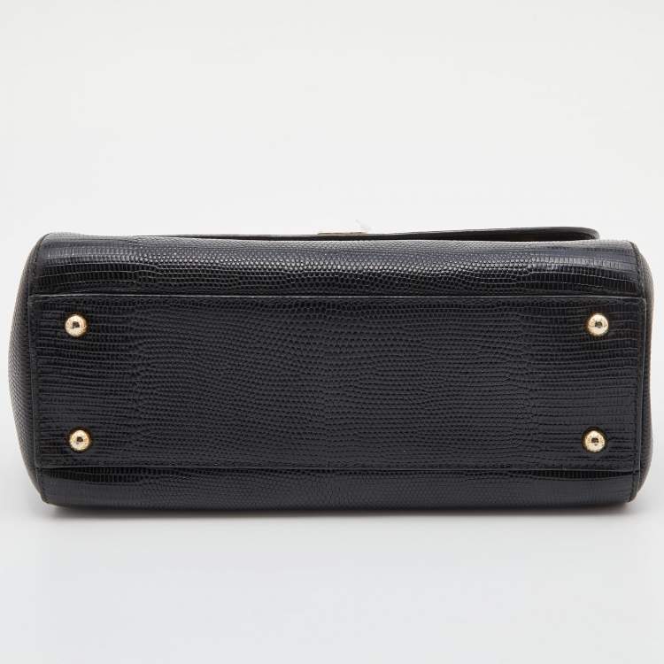 Pre Owned Dolce & Gabbana Black Lizard Embossed Leather Medium Miss Sicily Top Handle Bag with Wallet