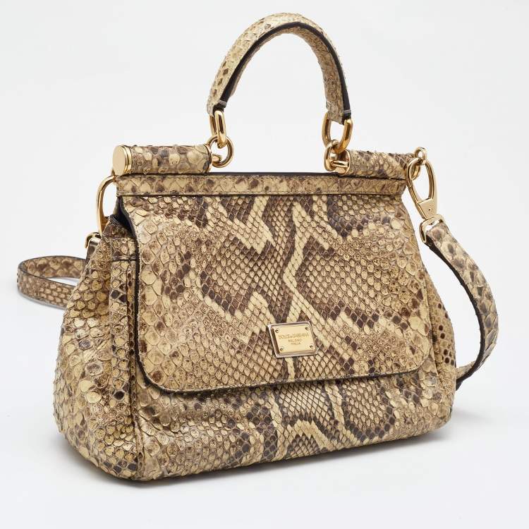 Pre Owned Dolce & Gabbana Beige/Brown Python Medium Miss Sicily Top Handle Bag