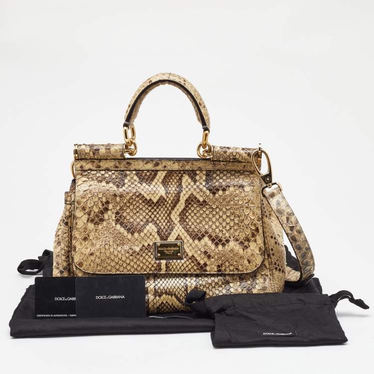 Pre Owned Dolce & Gabbana Beige/Brown Python Medium Miss Sicily Top Handle Bag