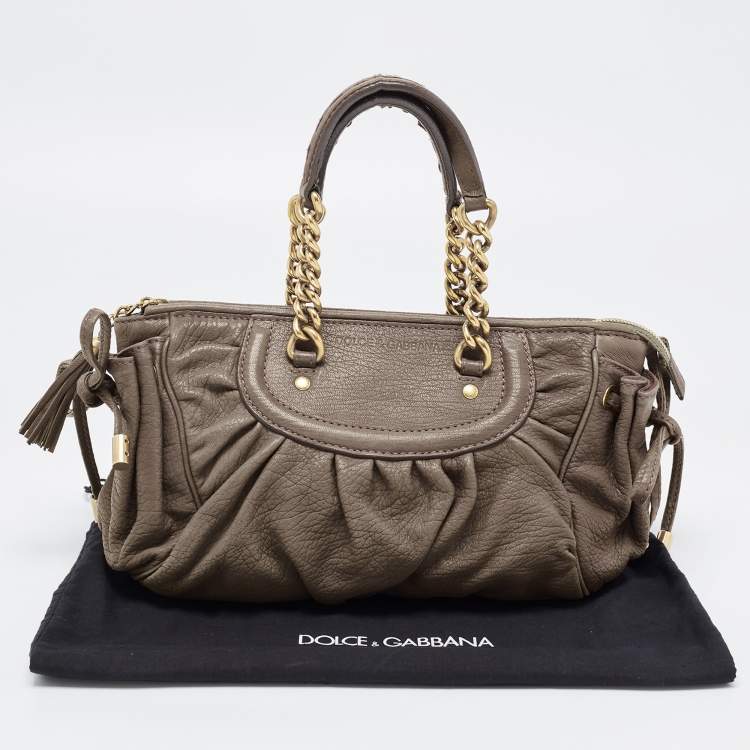Pre Owned Dolce & Gabbana Khaki Green Pleated Leather Tassel Hobo