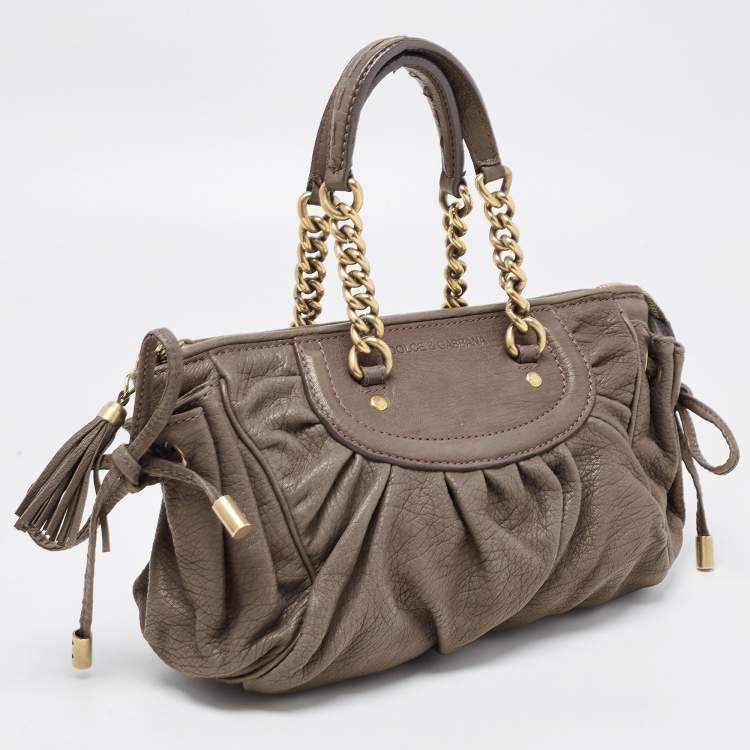 Pre Owned Dolce & Gabbana Khaki Green Pleated Leather Tassel Hobo