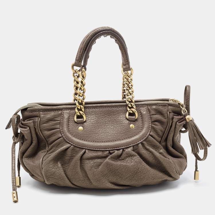 Pre Owned Dolce & Gabbana Khaki Green Pleated Leather Tassel Hobo