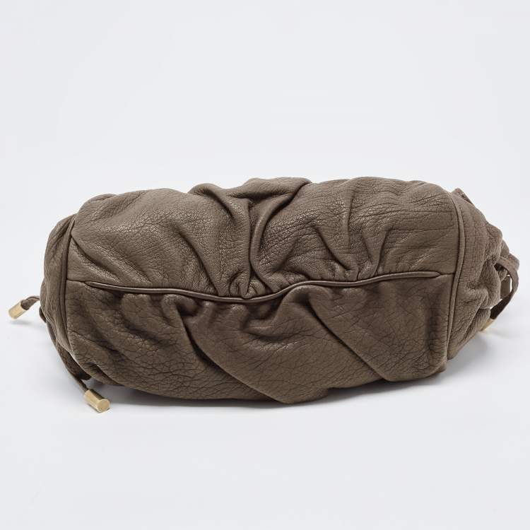 Pre Owned Dolce & Gabbana Khaki Green Pleated Leather Tassel Hobo