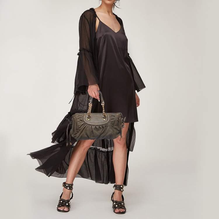 Pre Owned Dolce & Gabbana Khaki Green Pleated Leather Tassel Hobo
