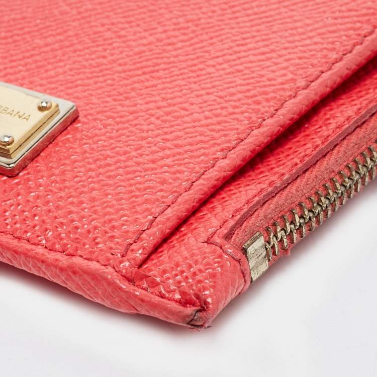 Pre Owned Dolce and Gabbana Coral Red Leather Long Zip Card Holder