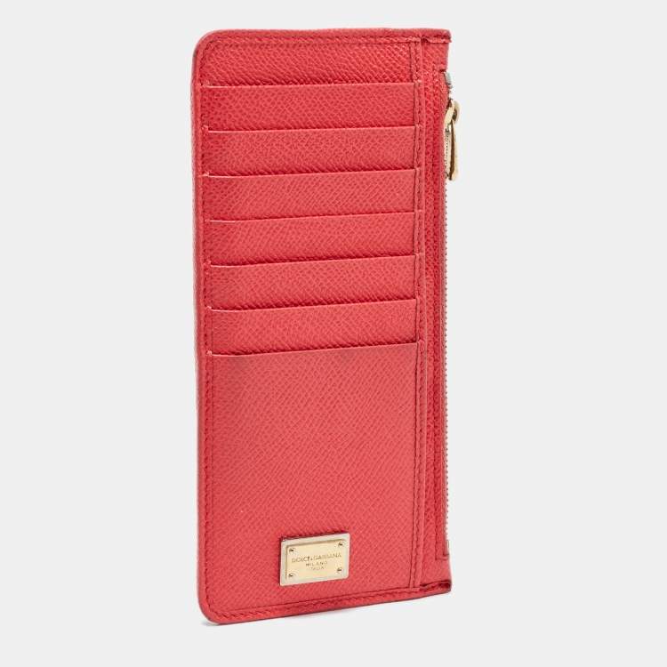 Pre Owned Dolce and Gabbana Coral Red Leather Long Zip Card Holder