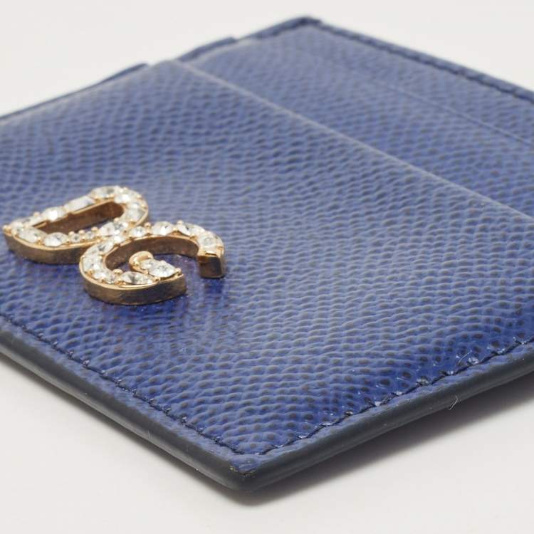 Pre Owned Dolce & Gabbana Blue Leather DG Crystal Logo Card Holder