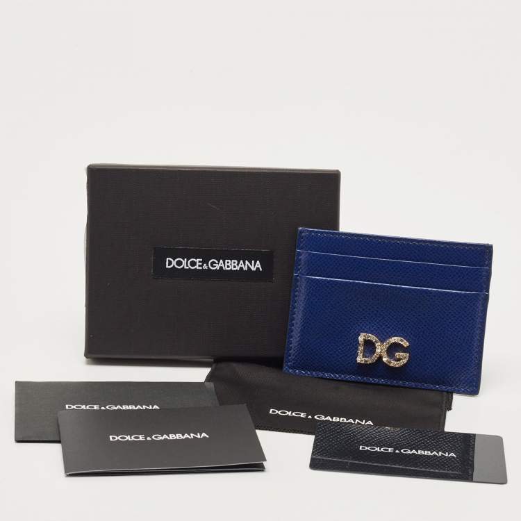Pre Owned Dolce & Gabbana Blue Leather DG Crystal Logo Card Holder