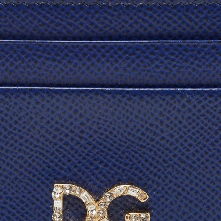 Pre Owned Dolce & Gabbana Blue Leather DG Crystal Logo Card Holder