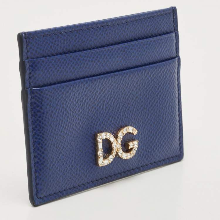 Pre Owned Dolce & Gabbana Blue Leather DG Crystal Logo Card Holder