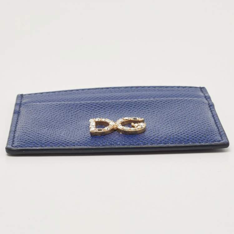 Pre Owned Dolce & Gabbana Blue Leather DG Crystal Logo Card Holder