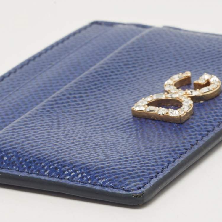 Pre Owned Dolce & Gabbana Blue Leather DG Crystal Logo Card Holder