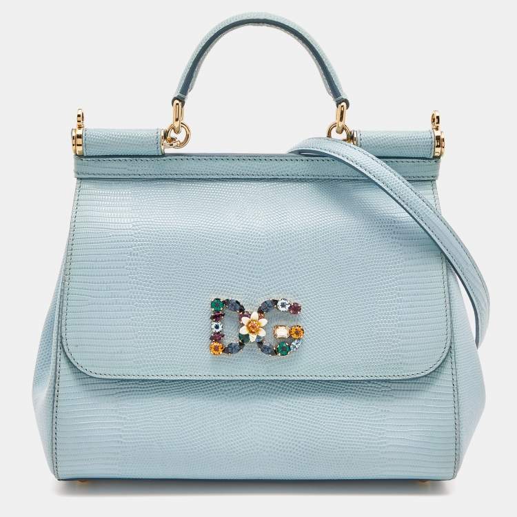 Dolce Gabbana Blue Iguana Embossed Leather Crystal DG Logo