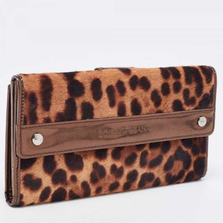 Pre Owned Dolce & Gabbana Brown Leopard Print Calfhair and Patent Leather Continental Wallet