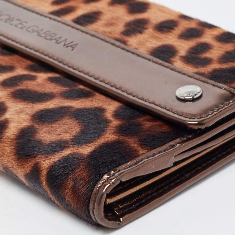 Pre Owned Dolce & Gabbana Brown Leopard Print Calfhair and Patent Leather Continental Wallet