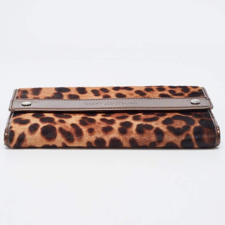 Pre Owned Dolce & Gabbana Brown Leopard Print Calfhair and Patent Leather Continental Wallet