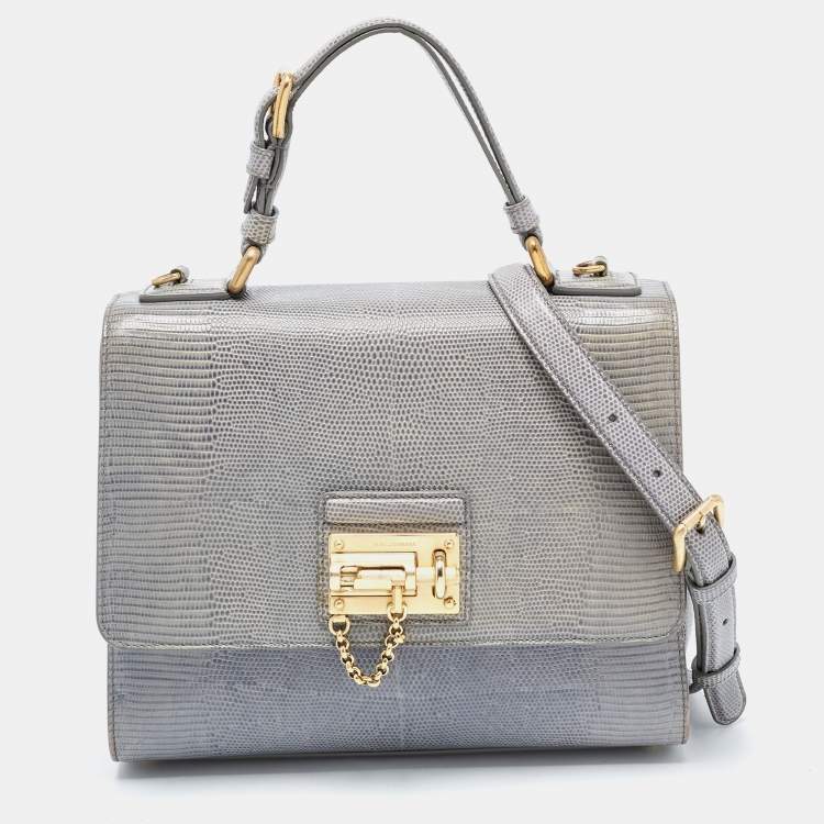 Pre Owned Dolce & Gabbana Light Blue Lizard Embossed Leather Medium Monica Top Handle Bag
