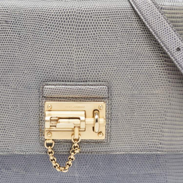 Pre Owned Dolce & Gabbana Light Blue Lizard Embossed Leather Medium Monica Top Handle Bag