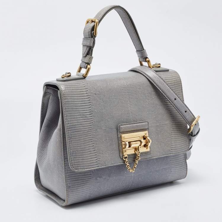 Pre Owned Dolce & Gabbana Light Blue Lizard Embossed Leather Medium Monica Top Handle Bag