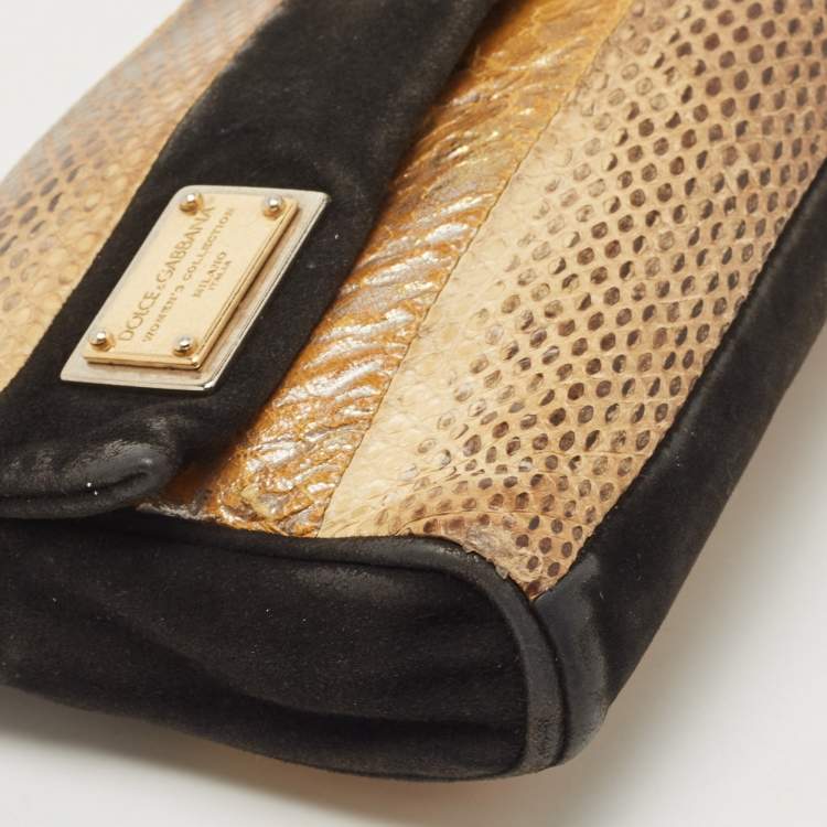 Pre Owned Dolce & Gabbana Black/Brown Suede And Snakeskin Leather Chain Clutch