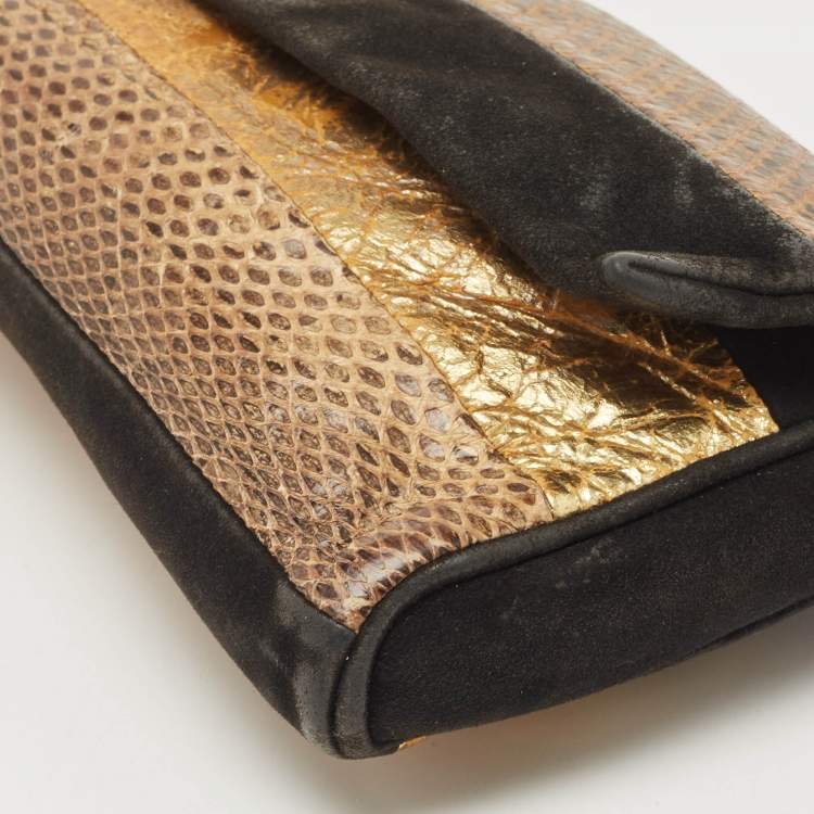 Pre Owned Dolce & Gabbana Black/Brown Suede And Snakeskin Leather Chain Clutch