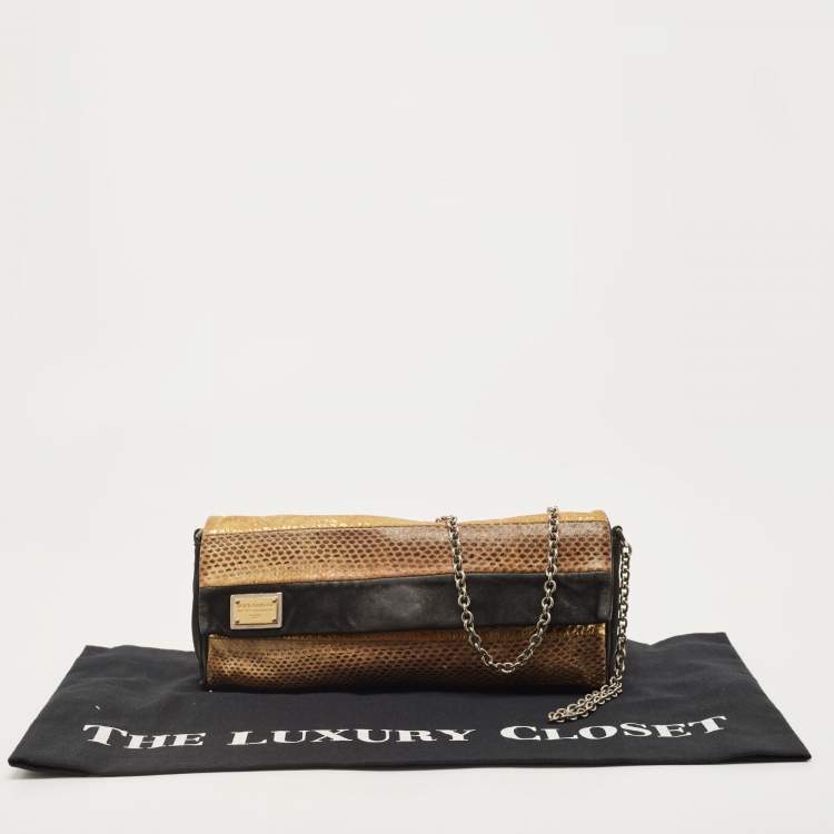 Pre Owned Dolce & Gabbana Black/Brown Suede And Snakeskin Leather Chain Clutch