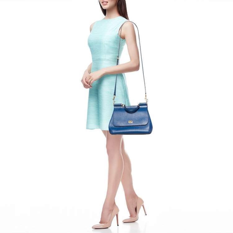 Pre Owned Dolce & Gabbana Blue Leather Medium Miss Sicily Top Handle Bag