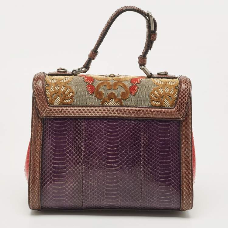 Pre Owned Dolce & Gabbana Multicolor Watersnake Leather and Brocade Fabric Medium Monica Top Handle Bag