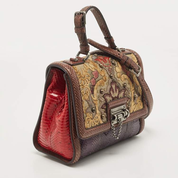 Pre Owned Dolce & Gabbana Multicolor Watersnake Leather and Brocade Fabric Medium Monica Top Handle Bag