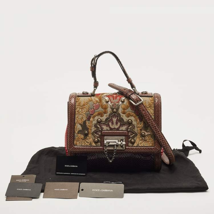 Pre Owned Dolce & Gabbana Multicolor Watersnake Leather and Brocade Fabric Medium Monica Top Handle Bag