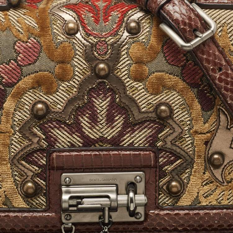 Pre Owned Dolce & Gabbana Multicolor Watersnake Leather and Brocade Fabric Medium Monica Top Handle Bag
